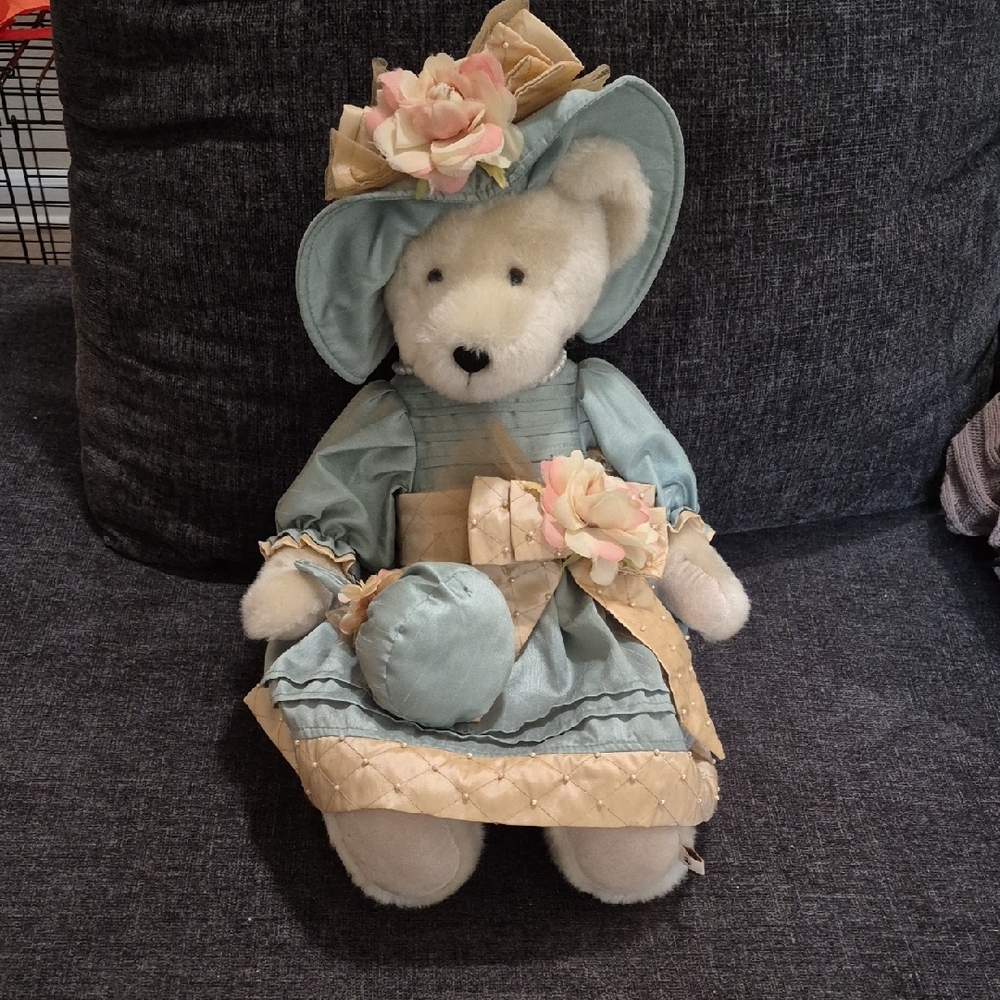 Elegant Cream and Blue Teddy Bear with Floral Accents